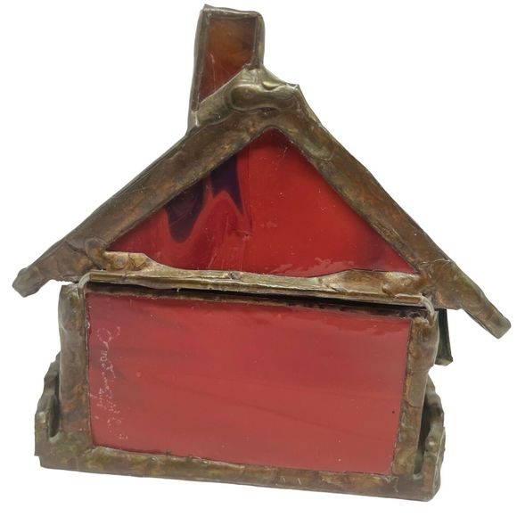 Stained Glass Christmas Cottage Village Illuminated w/ Led Candle One Of A Kind - Picture 4 of 7